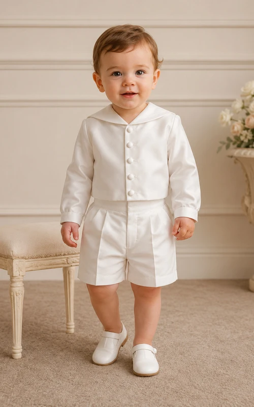 White Sailor Collar Button Front Christening Short Suit Set for Baby Boy