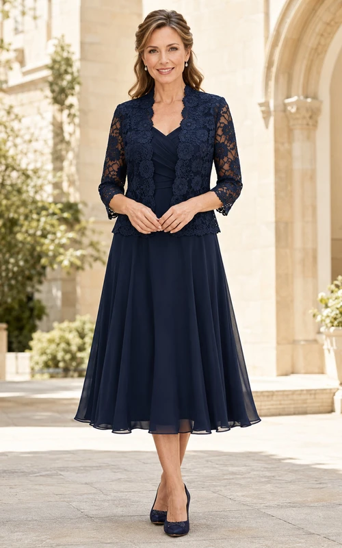 Robe de mère en mousseline mi-longue avec veste en dentelle marine et mousseline.