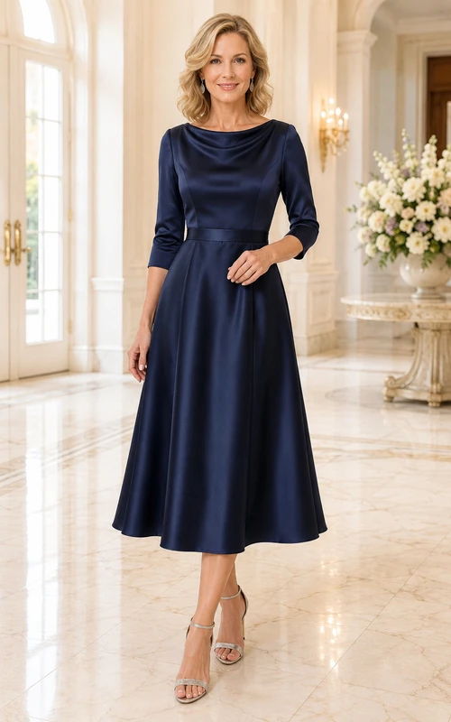 Dunkelblaues, tailliertes A-Linien-Kleid aus Satin mit Wasserfallausschnitt und Teelänge – perfekt für Mütter