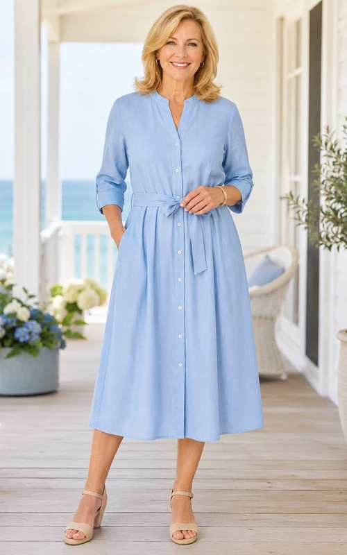 Modest Older Brides Casual Three Quarter Sleeve Tea Length Shirt Dress