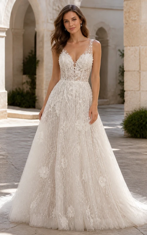 Vestido de novia bohemio de corte A con escote en V pronunciado y encaje floral para capilla