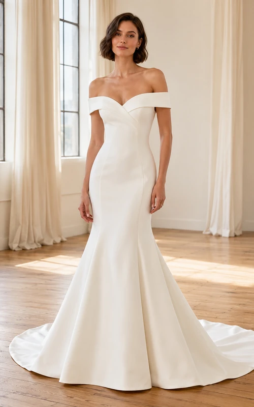 Robe de mariée sirène élégante en satin, décolleté en cœur, épaules dénudées et boutons, traîne chapelle