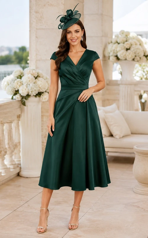Dark Green Satin V-neck Sleeveless A-Line Tea-length Derby Dress