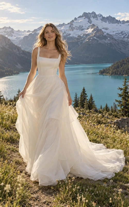 Vestido de novia de organza con escote cuadrado, tirantes, falda acampanada en capas y cola redondeada.