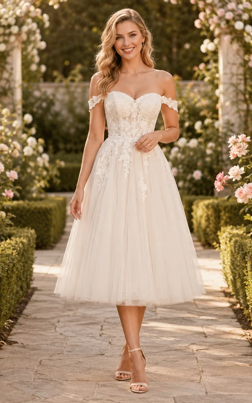 Garden Betrothal Ivory A-Line Tea-Length Off-Shoulder Short-Sleeve Tulle Romantic Cocktail Dress