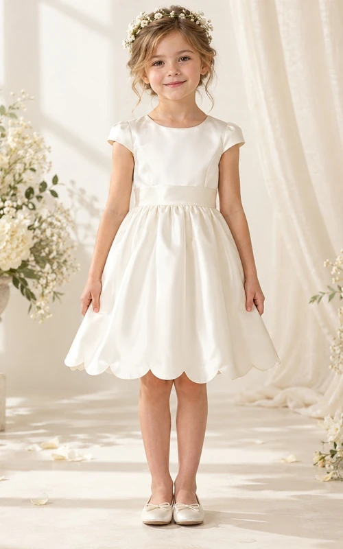 Simple Ivory Knee-length Satin Jewel Cap-sleeve Sashed Gathered Scalloped-hem Bow-back Flower Girl Dress