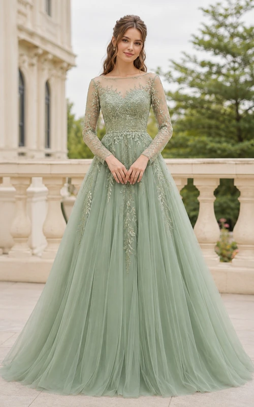 Sage Tulle Lace High-Neck Long-Sleeve A-Line Floor-Length Bridesmaid Dress