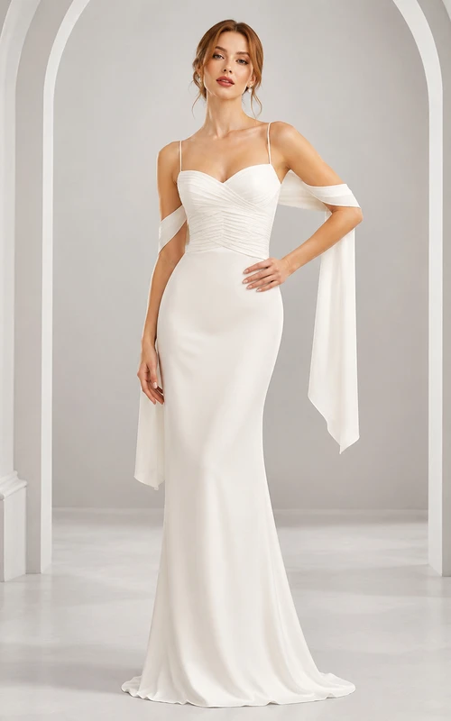 Simple off shoulder satin sheath bridal dress with draped sleeves