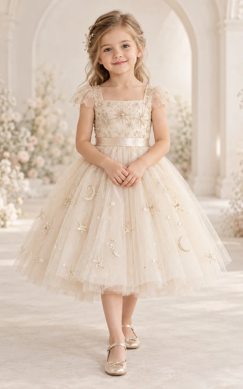 Champagnerfarbenes Blumenmädchenkleid mit eckigem Ausschnitt, flatternden Ärmeln und Tüllärmeln in Teelänge