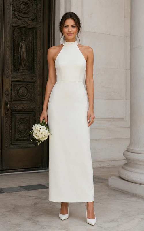 Weißes Neckholder-Etui-Brautkleid