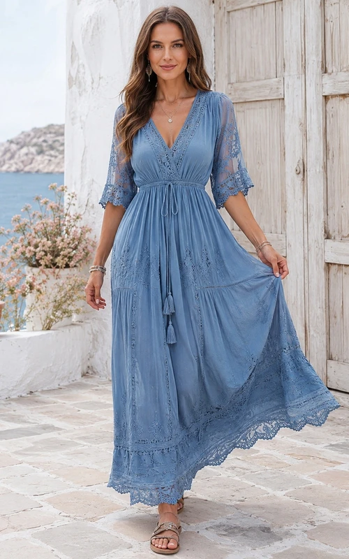Vestido de noche Whisper Light Dusty Blue de gasa con escote en V, manga tres cuartos y corte en A hasta los tobillos
