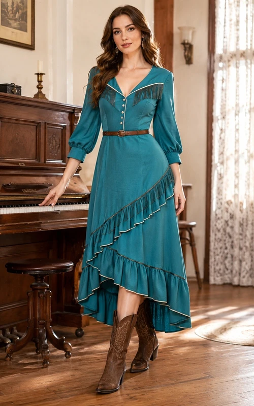 Turquoise Western V-neck Poet Sleeve Asymmetrical A-Line Midi Guest Dress