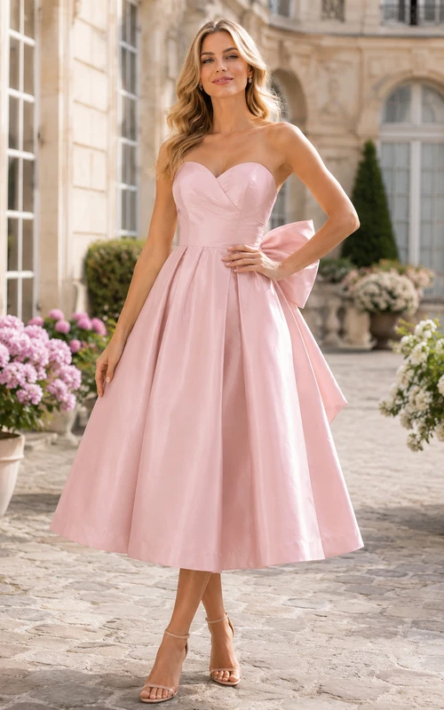 Vestido midi de tafetán color rosa empolvado sin tirantes con lazo y corte en A