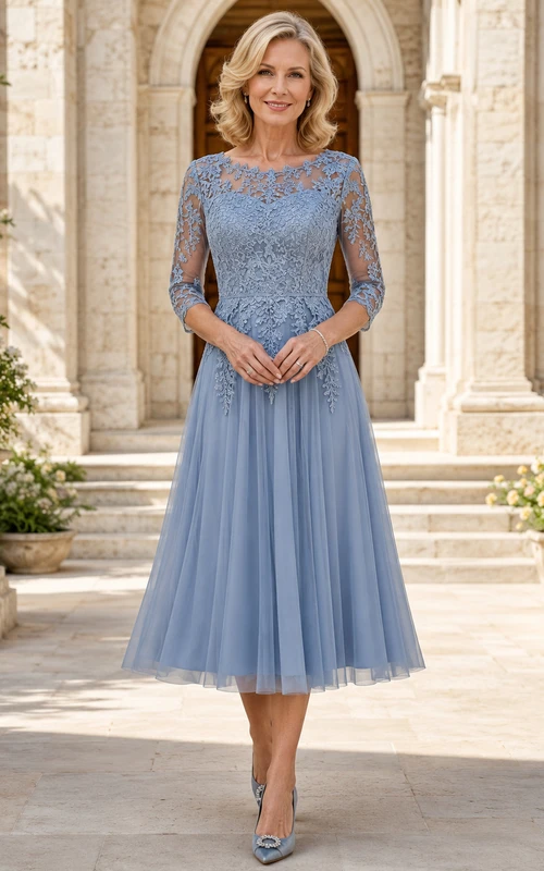 Dusty blue lace bodice tulle tea length mother dress