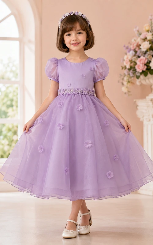 Adorable Organza Tea-Length A-Line Puff Sleeve Floral Lavender Flower Girl Garden Dress