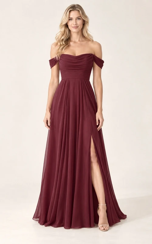 Elegante vestido de dama de honor largo hasta el suelo, de gasa color burdeos, con hombros descubiertos y manga corta.