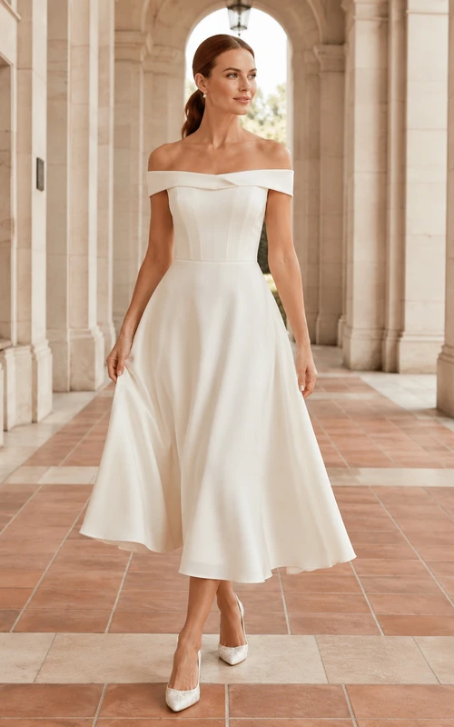 Robe de mariée vintage western à épaules dénudées, manches courtes, en satin, coupe trapèze, longueur thé, idéale pour un mariage à la mairie