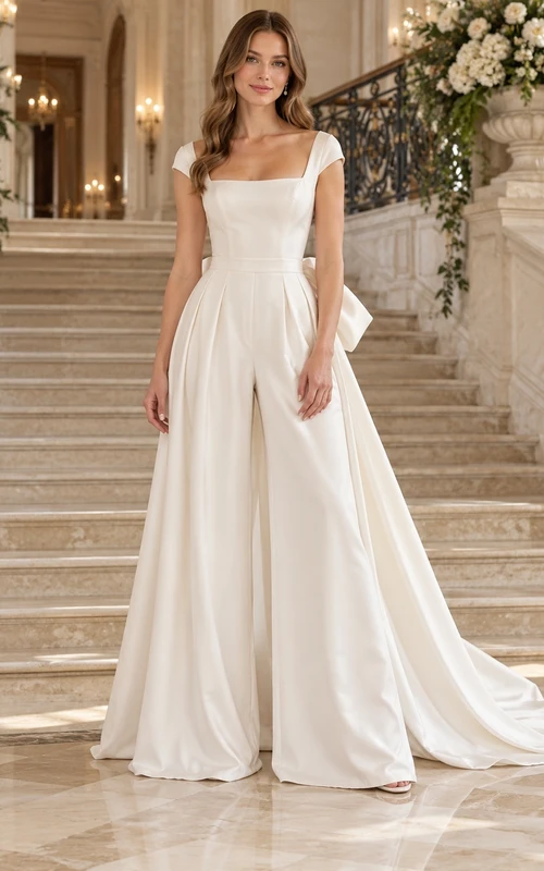 Square Neck Cap Sleeve Pleated Satin Bow Train Bridal Jumpsuit