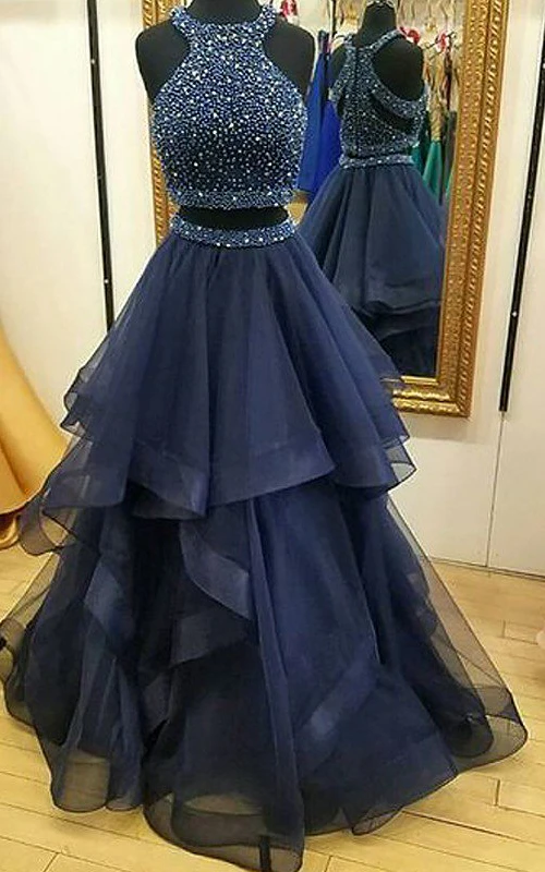 A-Line Organza High Neck Sleeveless Zipper Dress