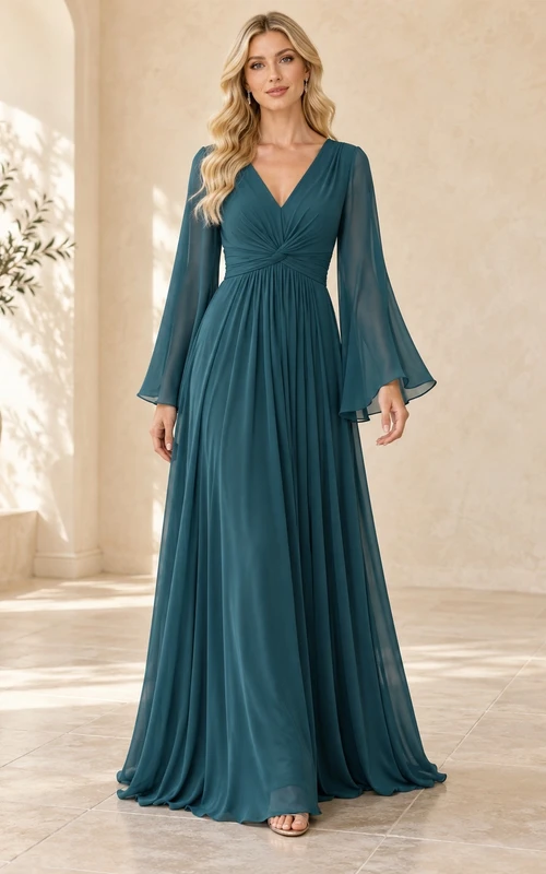Vestido de noche formal largo hasta el suelo en gasa color verde azulado con escote en V, mangas acampanadas, cintura retorcida y corte en A.