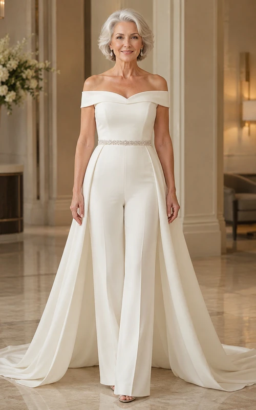 Braut-Jumpsuit mit schulterfreiem Schnitt und abnehmbarer Schleppe