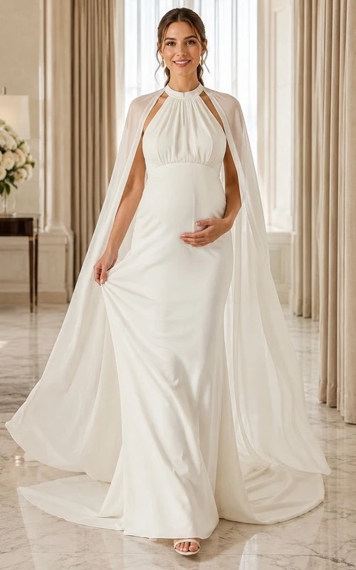 Vestido de novia sencillo de corte imperio con cuello alto y capa, estilo corte A, para bodas civiles, estilo juzgado.