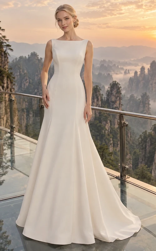 Vestido de novia sencillo y modesto, sin mangas, con escote barco y costuras princesa.
