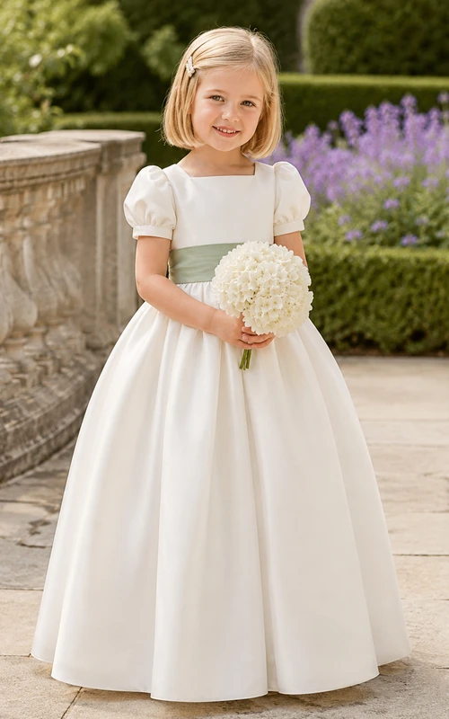 Vestido de niña de flores de satén color marfil con corte en A, mangas cortas abullonadas, escote joya y falda a la altura de la rodilla con detalles de lazos.