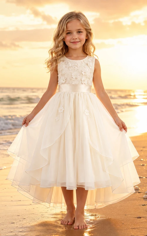 Vestido de niña de las flores, color marfil, encaje, tul, corte en A, cuello joya, largo hasta la rodilla.