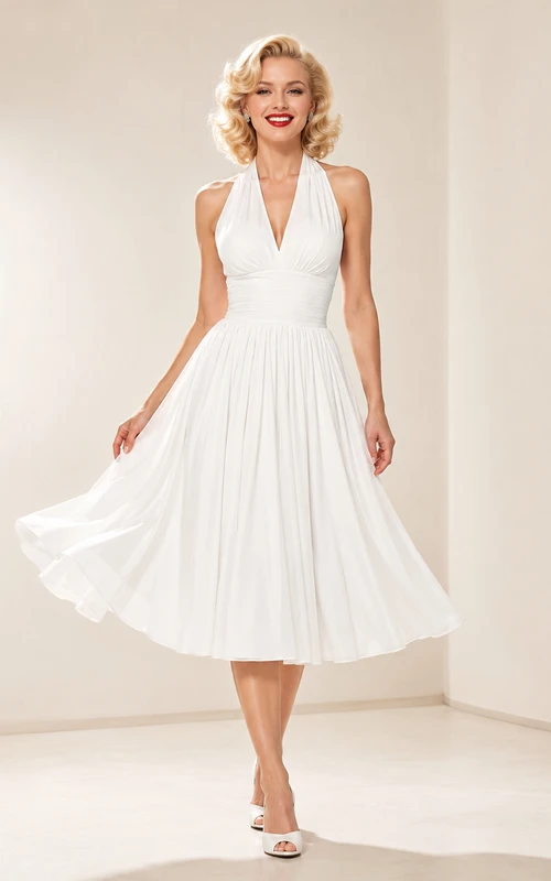 Pleated Halter Ivory A-Line Tea-length V-neck Sleeveless Chiffon Vintage Elegant Cocktail Guest Reception Dress