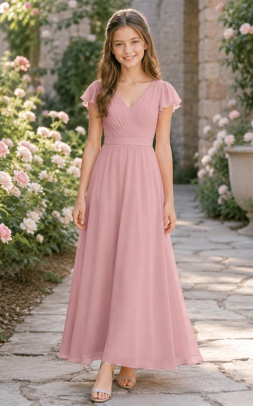 Elegantes Brautjungfernkleid in Altrosa, A-Linie, V-Ausschnitt, kurze Ärmel