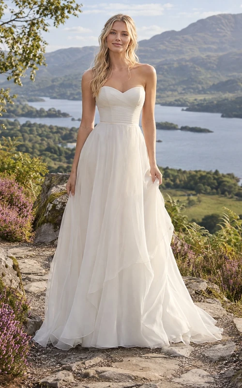 Vestido de novia sencillo de corte A con escote corazón, sin mangas, de organza y con cola.