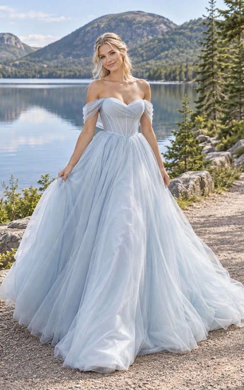 Vestido de novia sencillo de manga corta con escote corazón y hombros descubiertos, de tul liso y corte en A hasta el suelo.