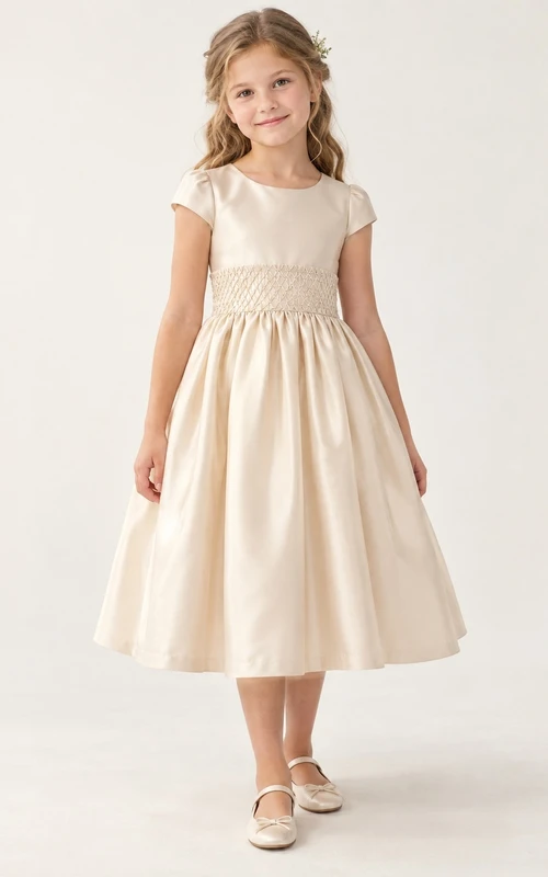 Robe de demoiselle d'honneur couleur champagne vintage, longueur thé, col rond, manches courtes souples, taille smockée, ourlet uni, boutonnée au dos, ourlet boutonné.