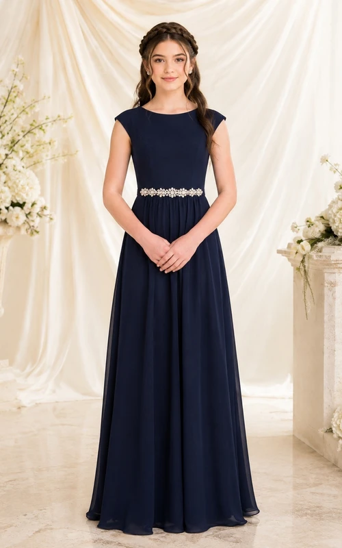 Dunkelblaues Brautjungfernkleid für junge Mädchen, A-Linie, Rundhalsausschnitt, kurze Ärmel, Chiffon, Kristallverzierungen, elegant