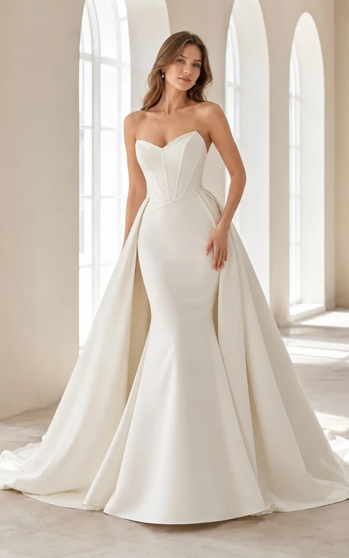 Robe de mariée minimaliste en satin, coupe sirène, bustier, traîne.