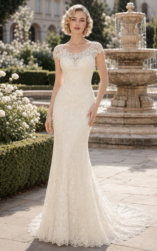 Gatsby Cap Sleeve Allover Lace Sheath Garden Bridal Gown