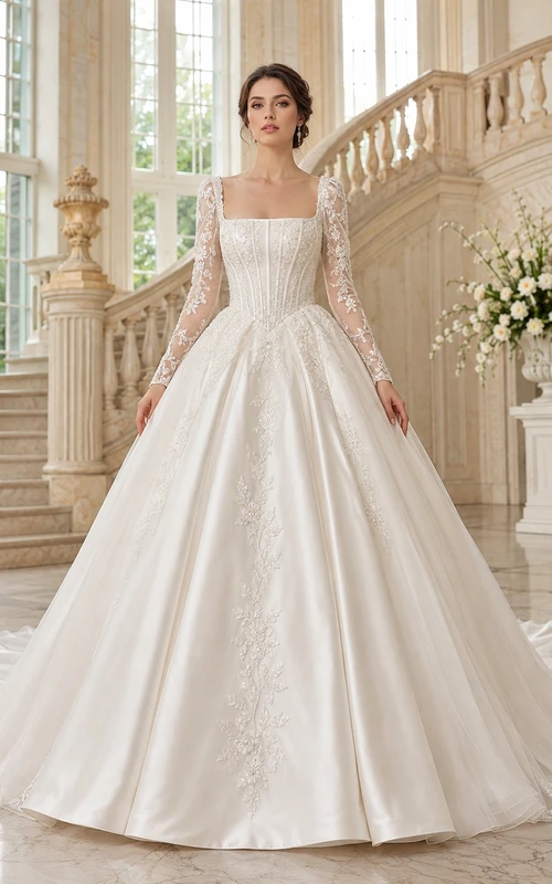 Vestido de novia clásico de corte princesa con escote cuadrado y mangas largas.