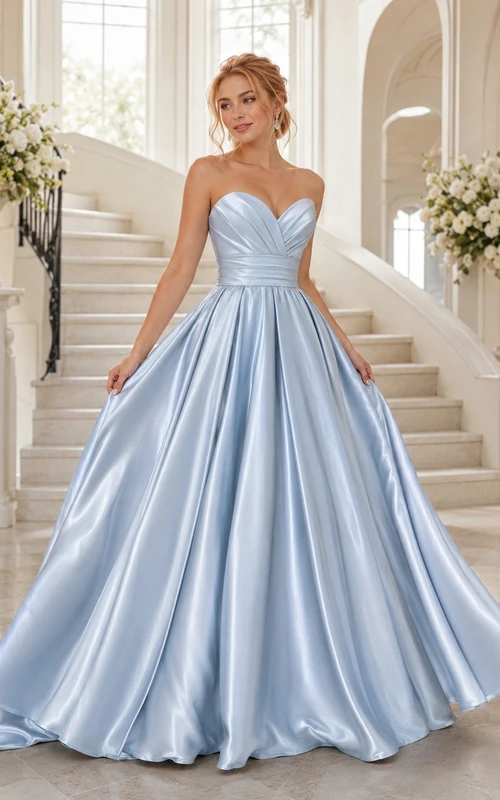 Vestido de noche largo hasta el suelo, de satén plisado, sin tirantes, de lujo, color azul cielo, estilo romántico.