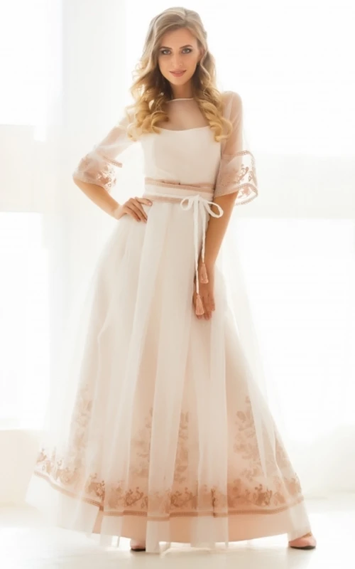 Vestido de fiesta bohemio de corte A con escote barco y largo hasta los tobillos con fajín.