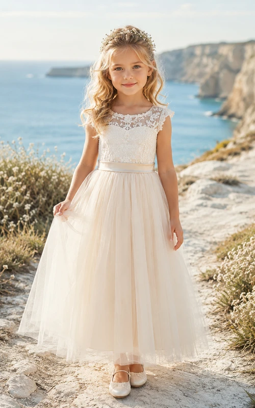 A-Line Flowergirl Lace Tulle Floor-Length Cap Sleeve Coastal Cliff Wedding Dress with Floral Bodice
