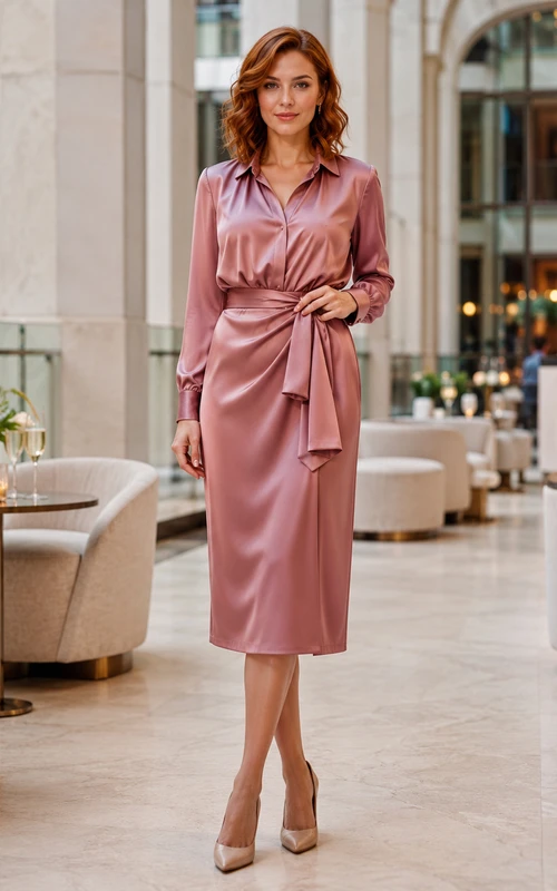 Vestido de satén rosa empolvado de manga larga con cinturón para eventos sociales.