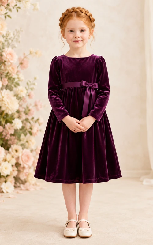 Robe de demoiselle d'honneur élégante en velours prune, coupe trapèze, manches longues, col rond et jupe plissée.