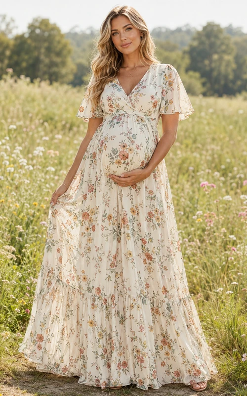Robe de maternité bohème crème à fleurs, manches papillon, col en V et coupe trapèze à volants, longueur au sol.