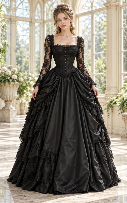 Robe de soirée gothique victorienne noire à col carré, manches en dentelle et drapée