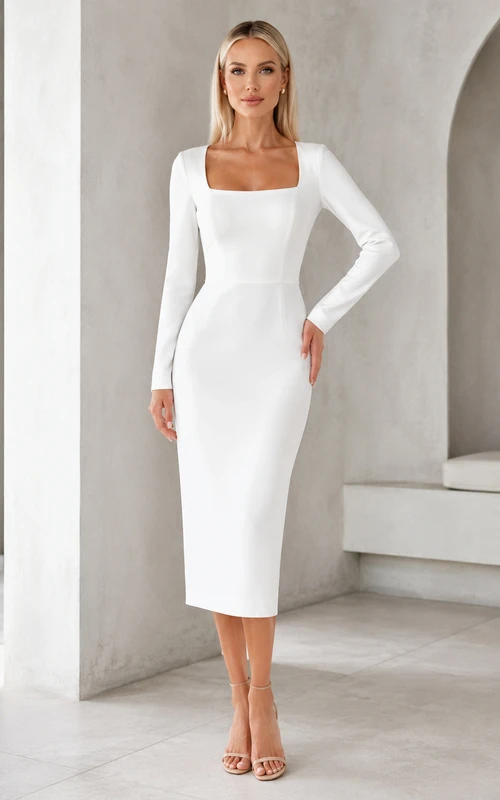 Modern White Tea-Length Square Neck Long Sleeve Sheath Dress Courthouse