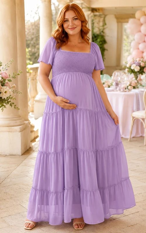 Vestido de maternidad romántico de gasa de manga corta y corte cuadrado, estilo imperio, color lila, color lavanda, para celebrar.