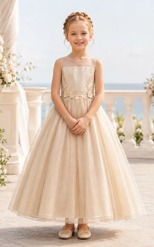 Champagne Square Neck Sleeveless Tulle A-Line Tea-length Romantic Flowergirl Dress