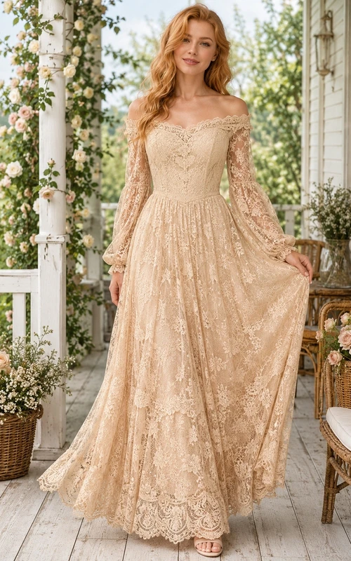 Vestido de novia vintage bohemio color champán con encaje, hombros descubiertos y manga larga