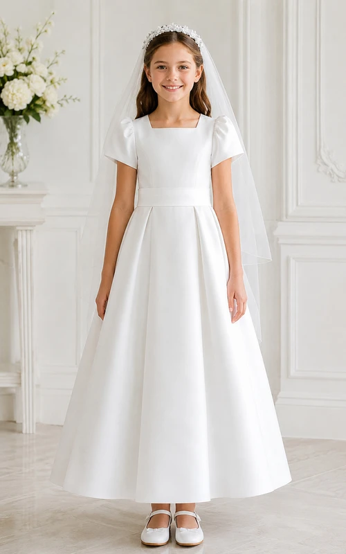 Weißes A-Linien-Blumenmädchenkleid aus Satin mit Schleife